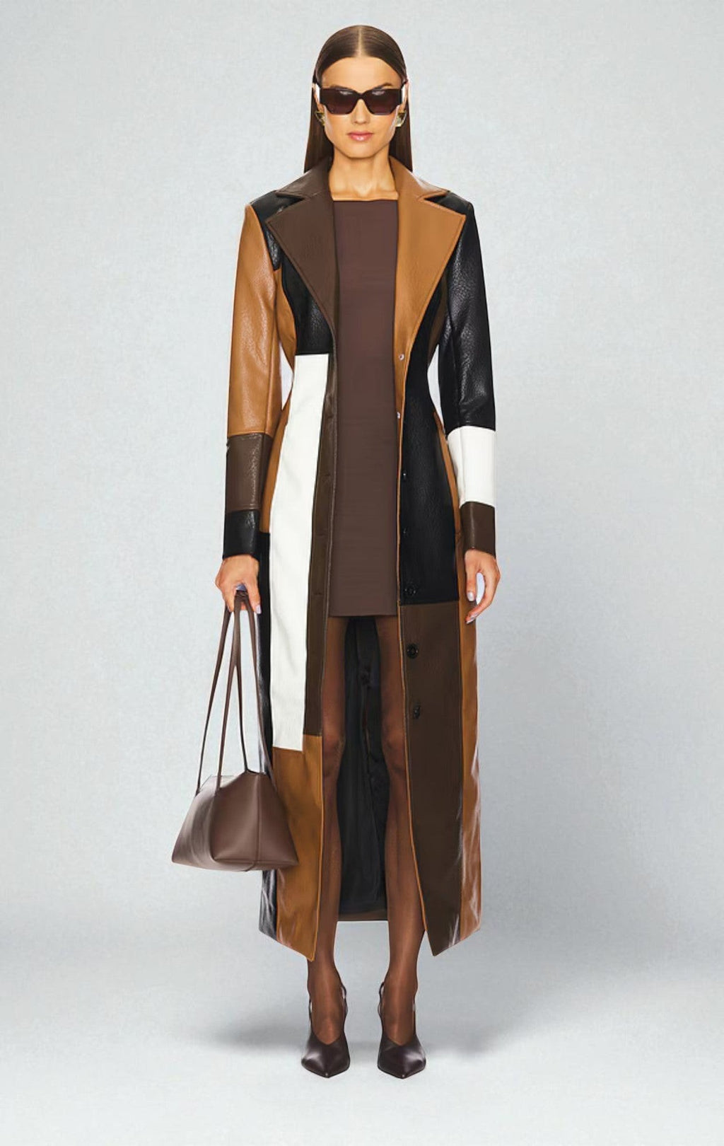 Patchwork Faux Leather Longline Trench Coat