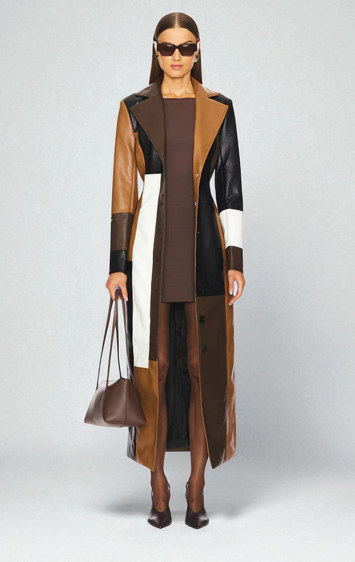 Patchwork Faux Leather Longline Trench Coat
