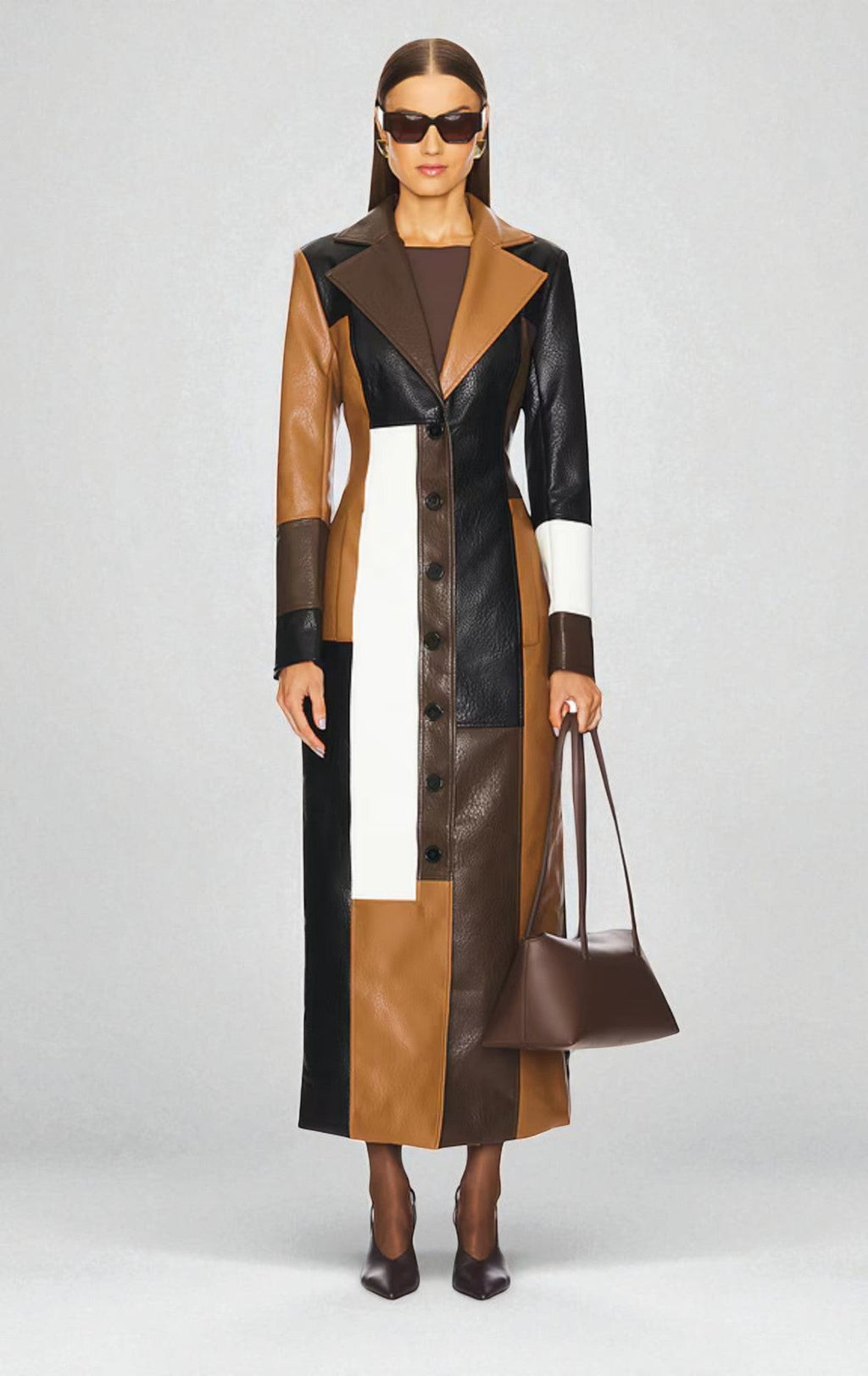 Patchwork Faux Leather Longline Trench Coat