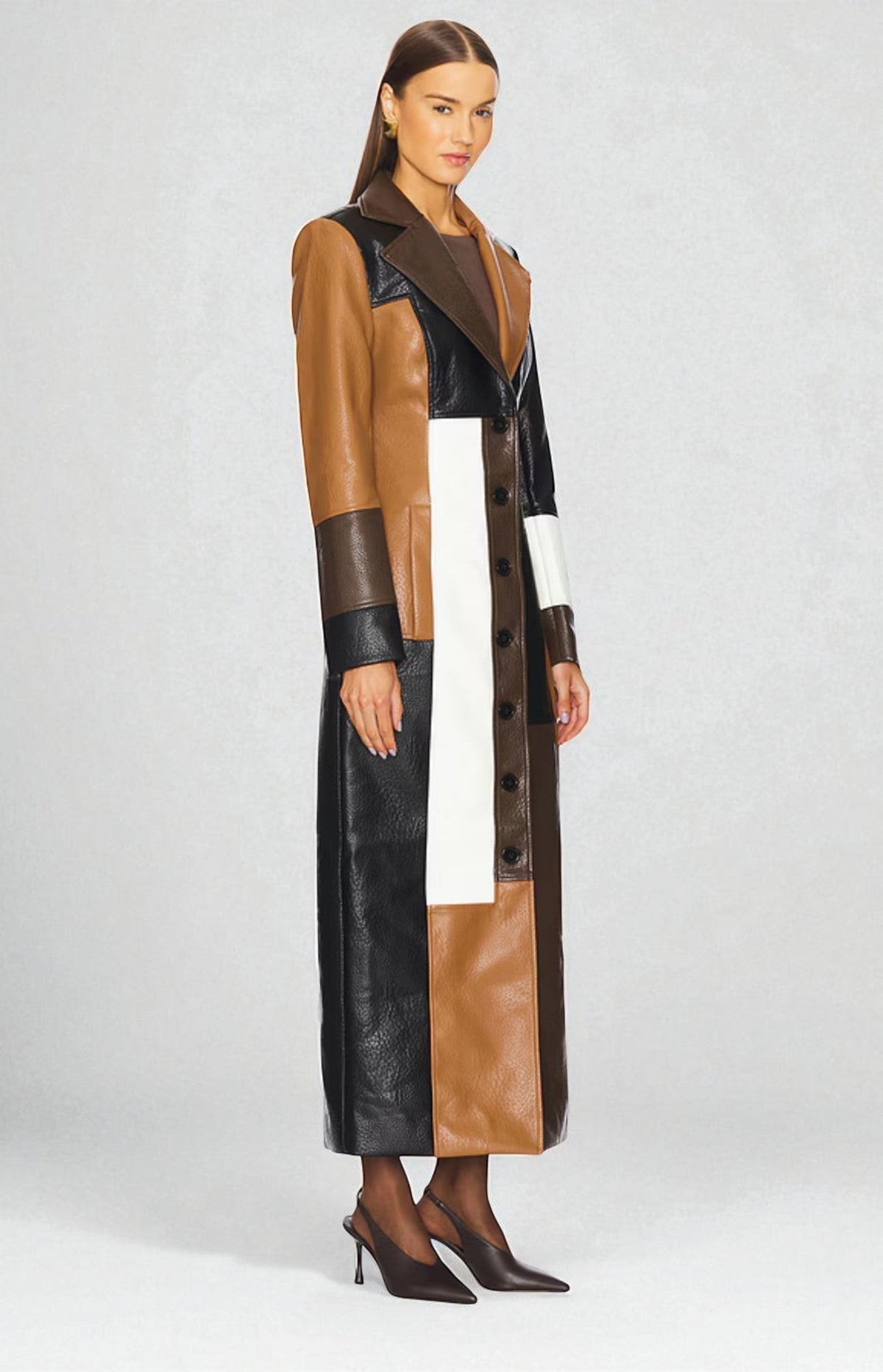 Patchwork Faux Leather Longline Trench Coat