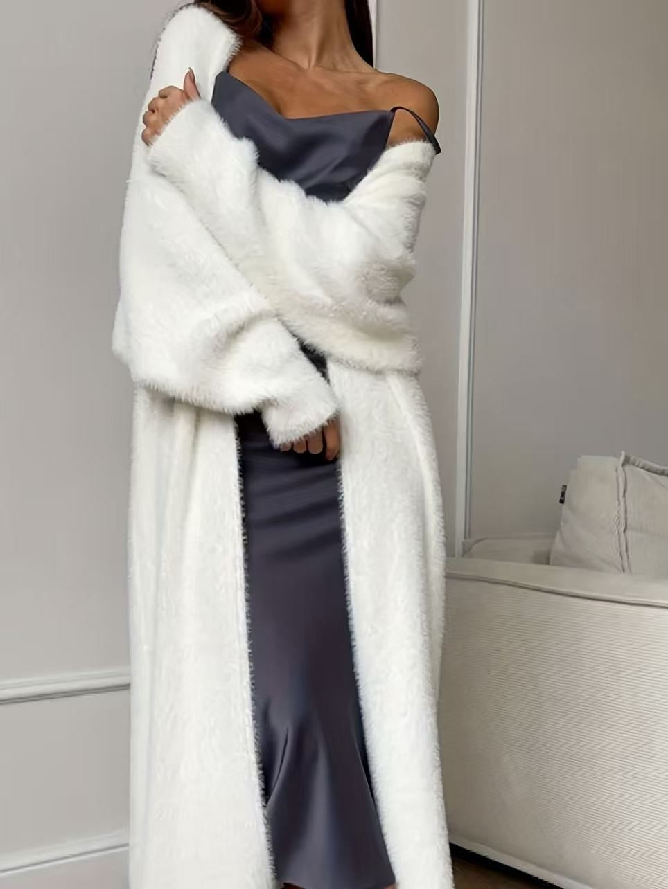 Faux Mink Plush Long Open Front Cardigan