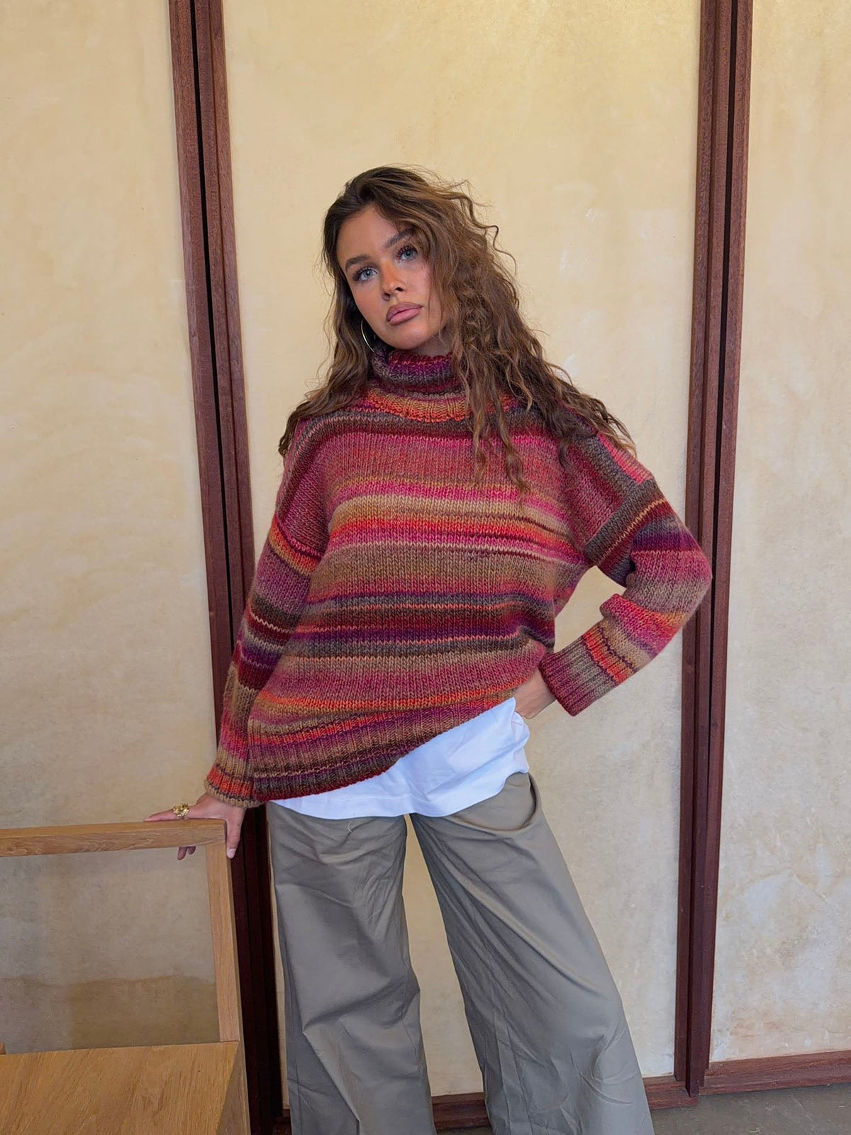 Oversized Multi Stripe Roll Neck Jumper