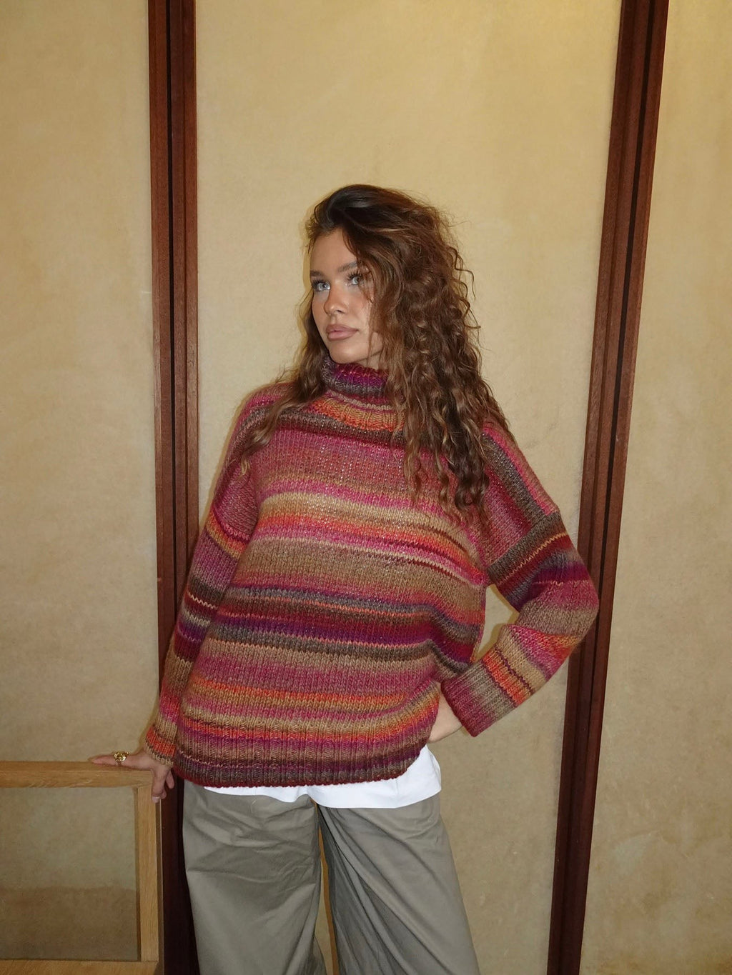 Oversized Multi Stripe Roll Neck Jumper