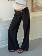 Wide Leg Tailored Trousers with Metal Ring Tie