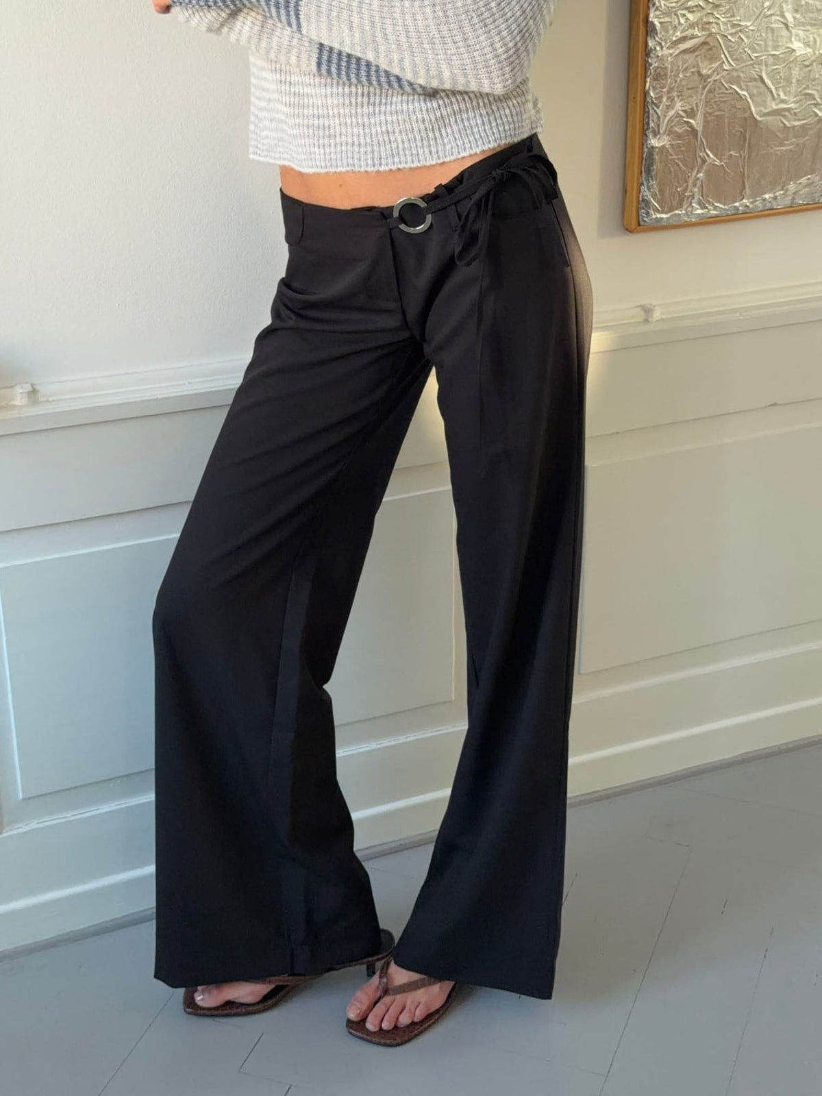 Wide Leg Tailored Trousers with Metal Ring Tie