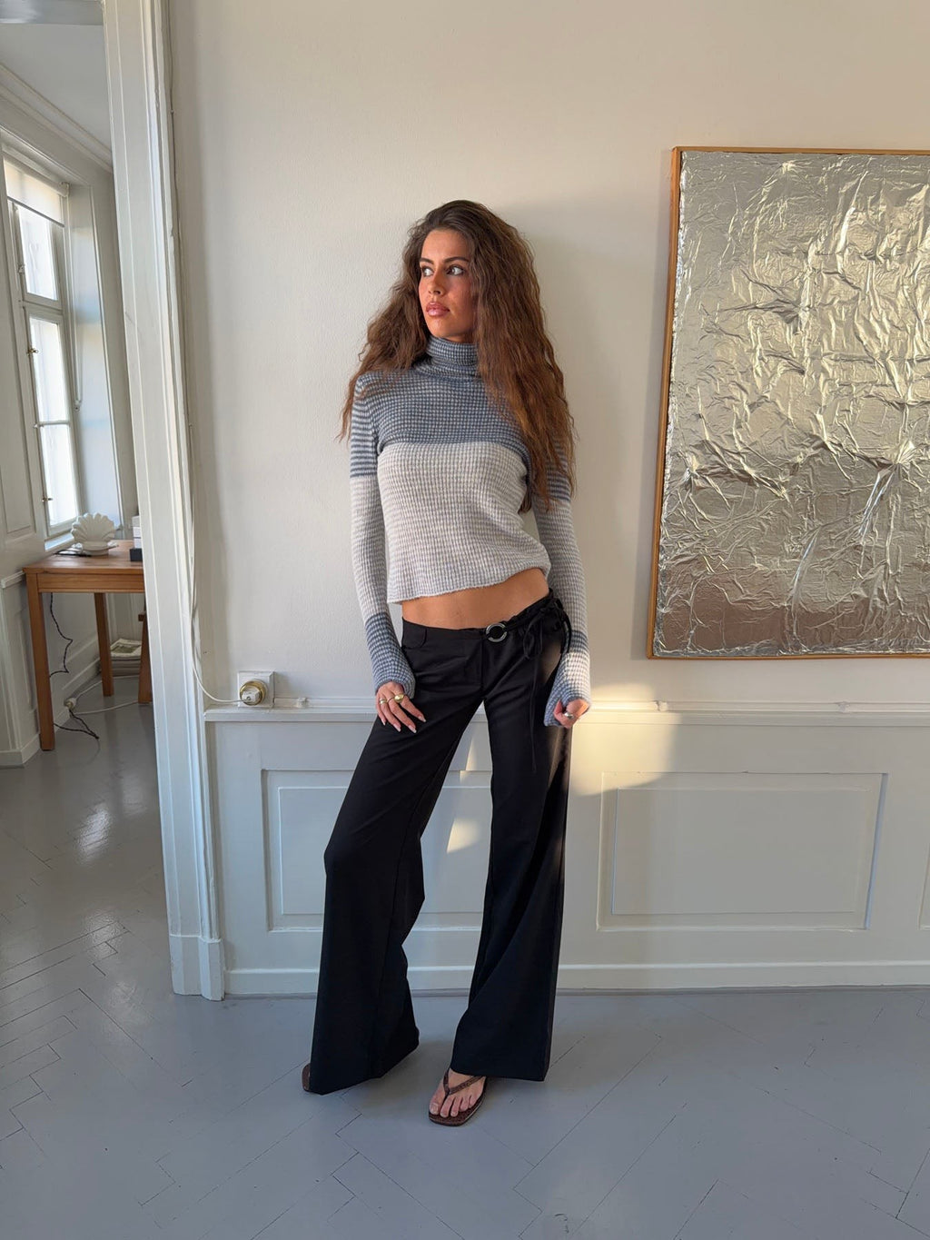 Wide Leg Tailored Trousers with Metal Ring Tie