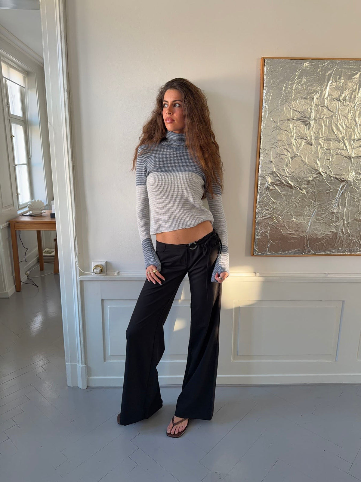 Wide Leg Tailored Trousers with Metal Ring Tie