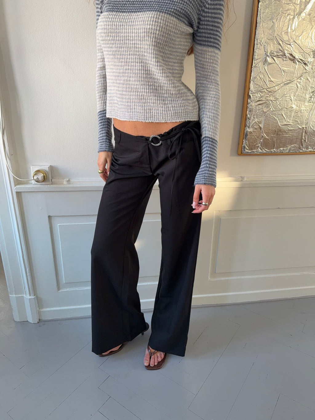 Wide Leg Tailored Trousers with Metal Ring Tie