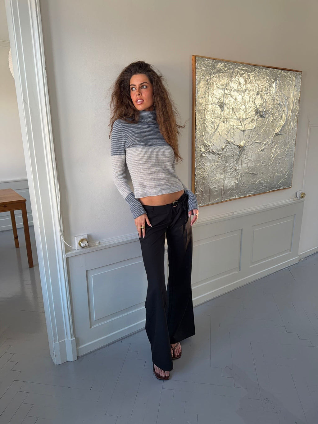 Wide Leg Tailored Trousers with Metal Ring Tie