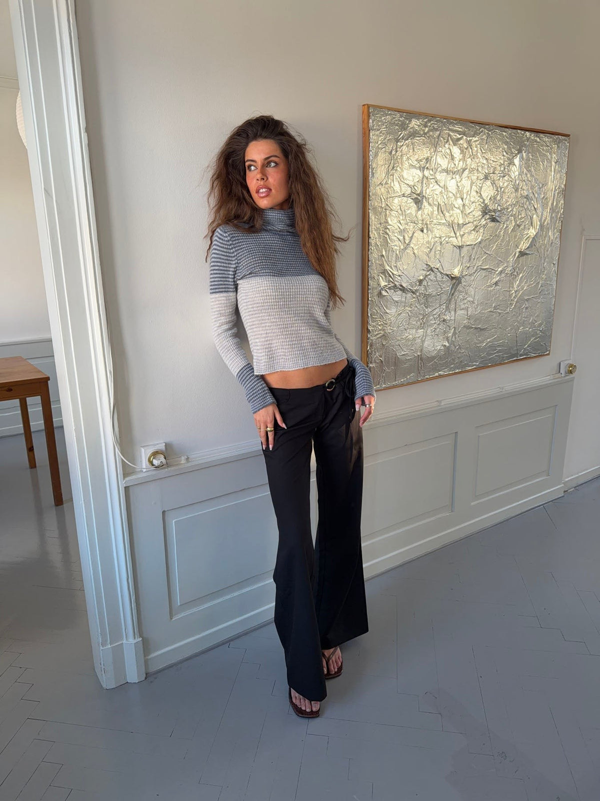 Wide Leg Tailored Trousers with Metal Ring Tie