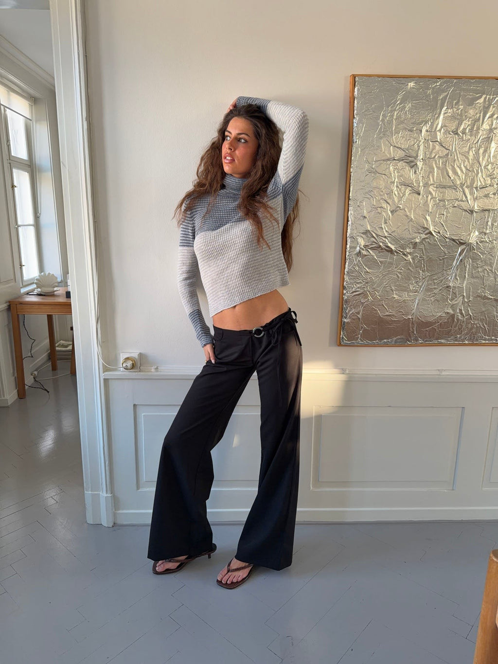 Wide Leg Tailored Trousers with Metal Ring Tie