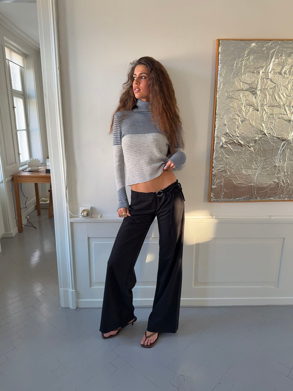 Wide Leg Tailored Trousers with Metal Ring Tie