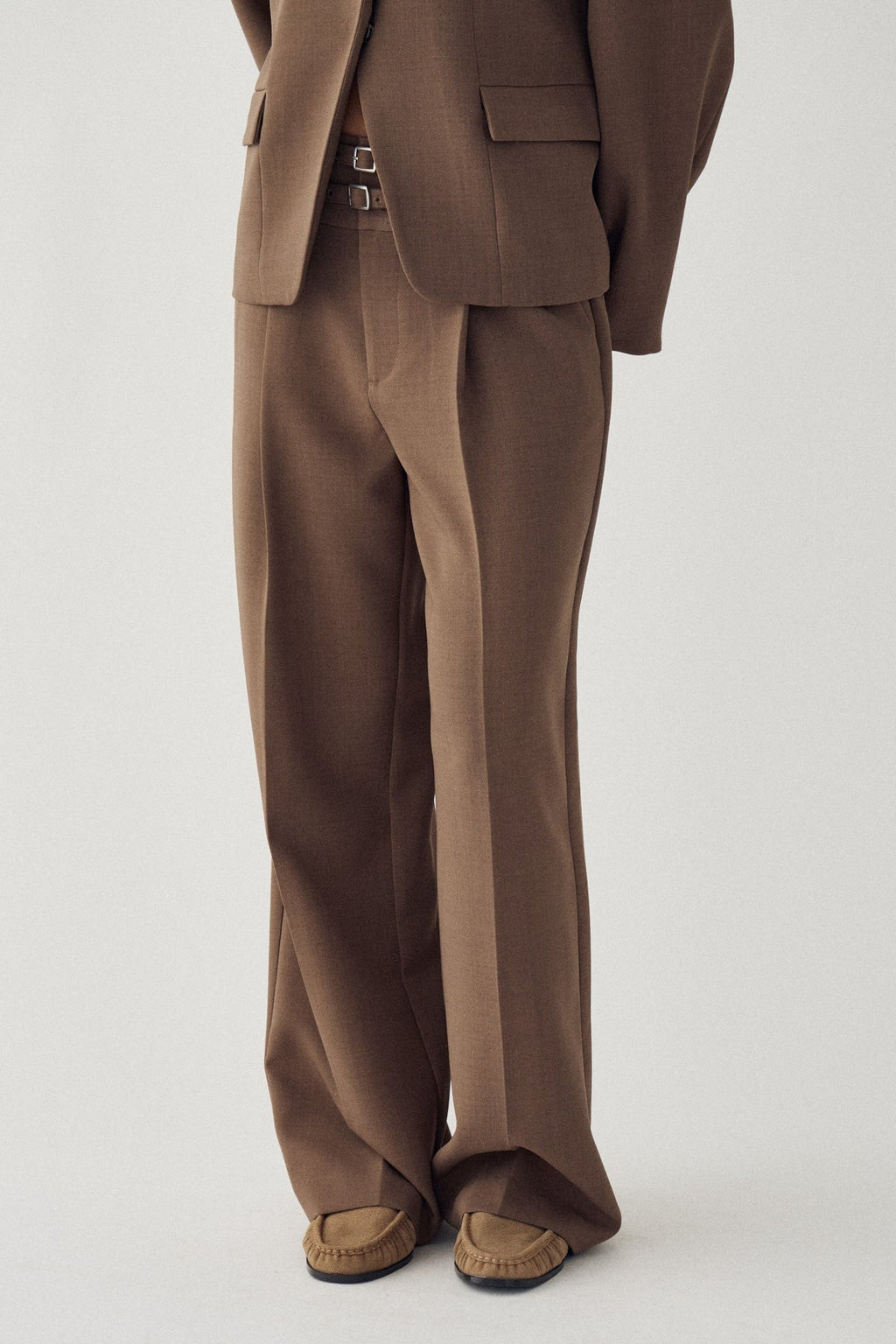 High Waisted Double Belt Wide Leg Trousers