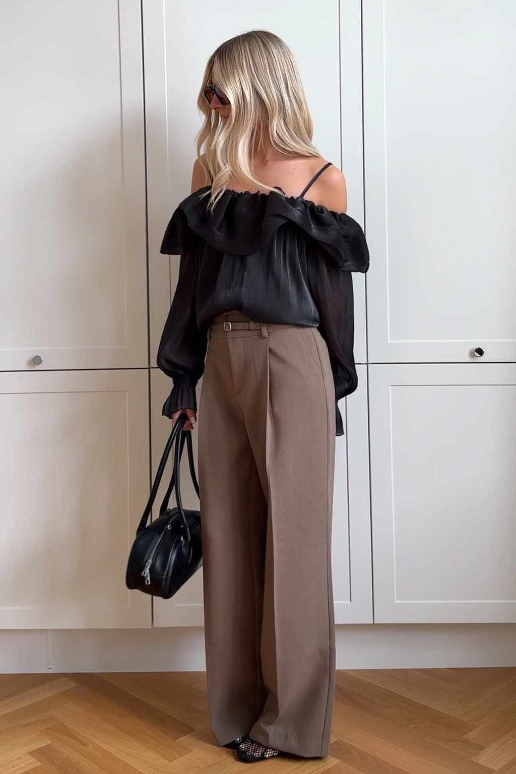 High Waisted Double Belt Wide Leg Trousers