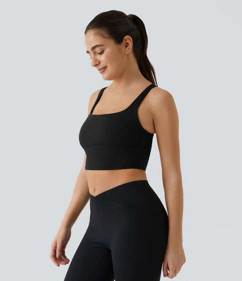 Airy Square Neck Backless Crisscross Cropped InstantCool Yoga Tank Top — Black — view 2