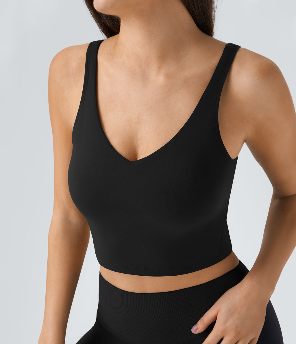Padded V Neck Cropped Yoga Tank Vest Top A-D Cups — Black — view 1