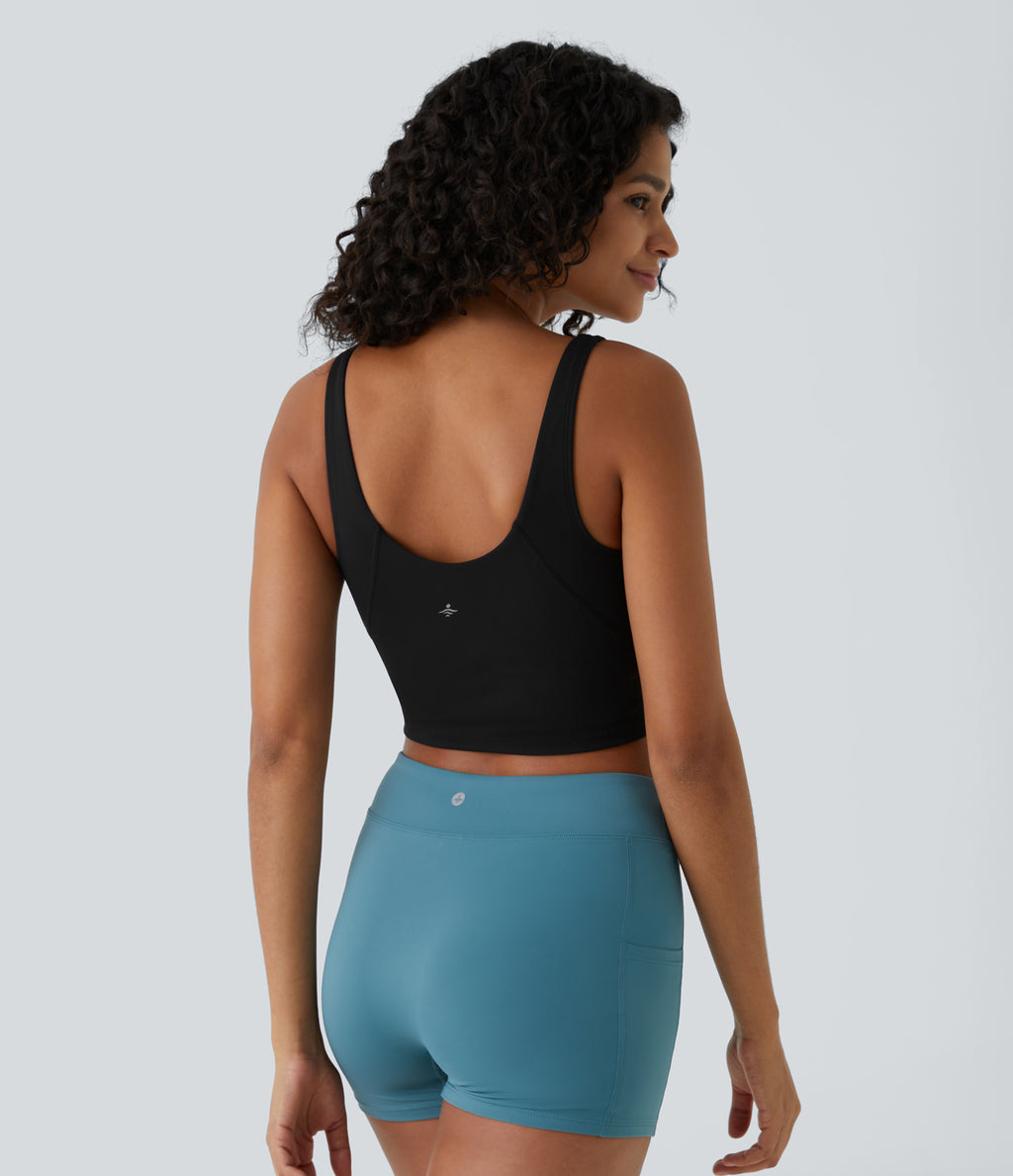 Padded V Neck Cropped Yoga Tank Vest Top A-D Cups — Black — view 4