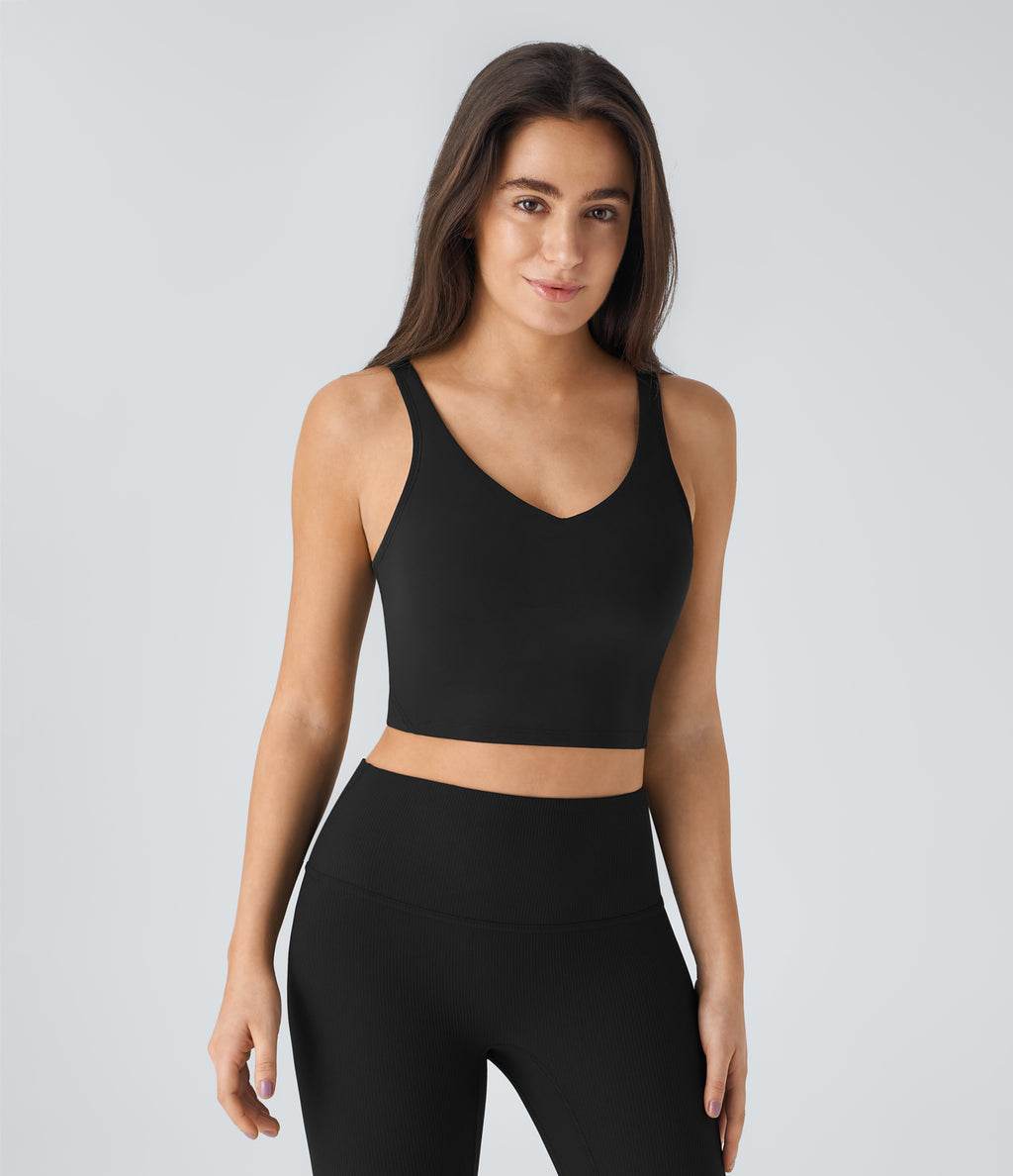 Padded V Neck Cropped Yoga Tank Vest Top A-D Cups — Black — view 2