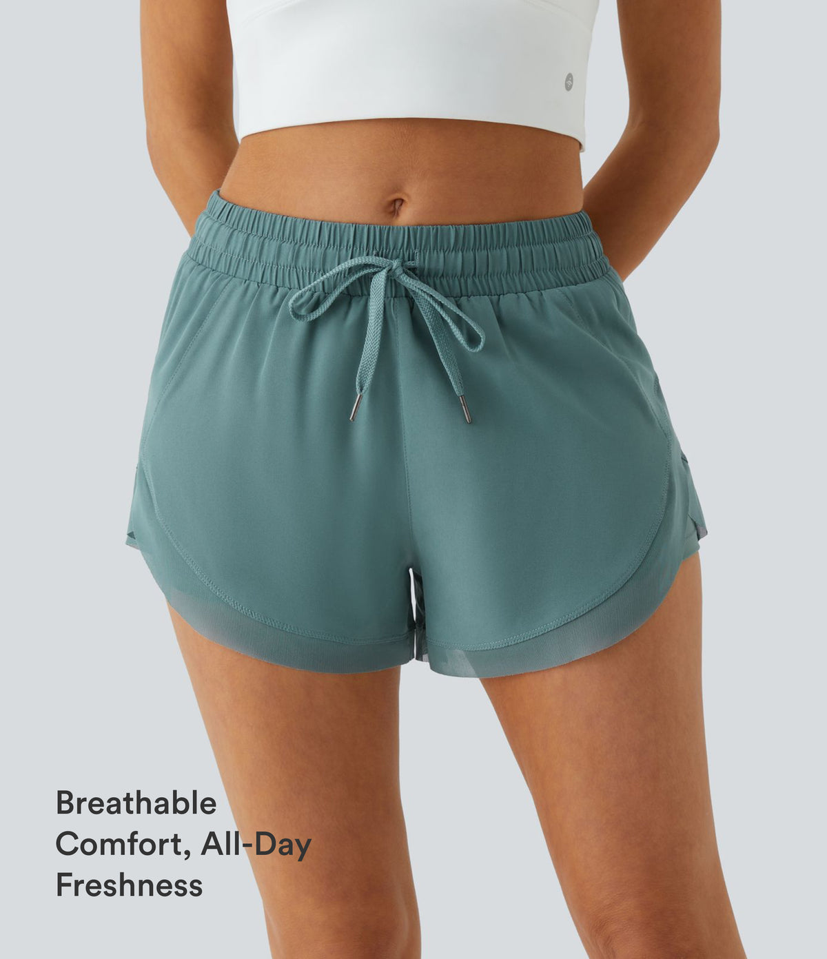 Mid Rise Drawstring Contrast Mesh 2-in-1 Flowy Running Shorts 3'' — Mineral Blue — view 3