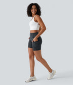 High Waisted Side Pocket Running Biker Shorts — Grey Blue — view 7