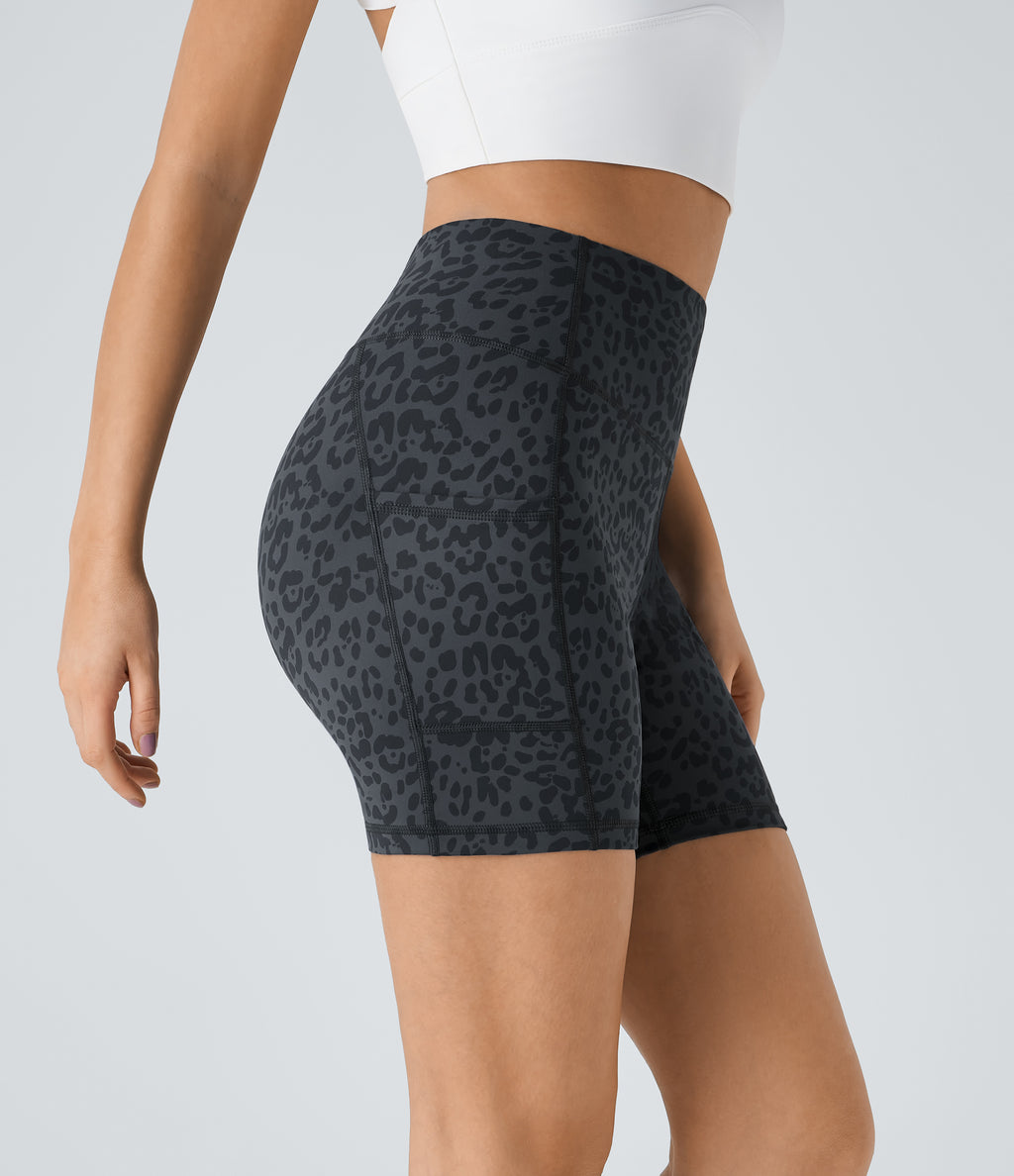 High Waisted Side Pocket Running Biker Shorts — Grey Blue — view 4