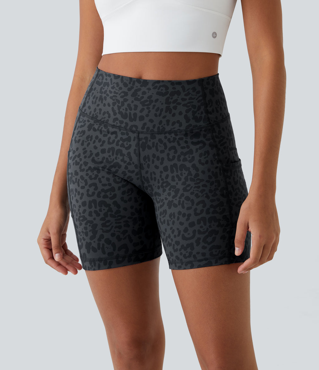 High Waisted Side Pocket Running Biker Shorts — Grey Blue — view 2