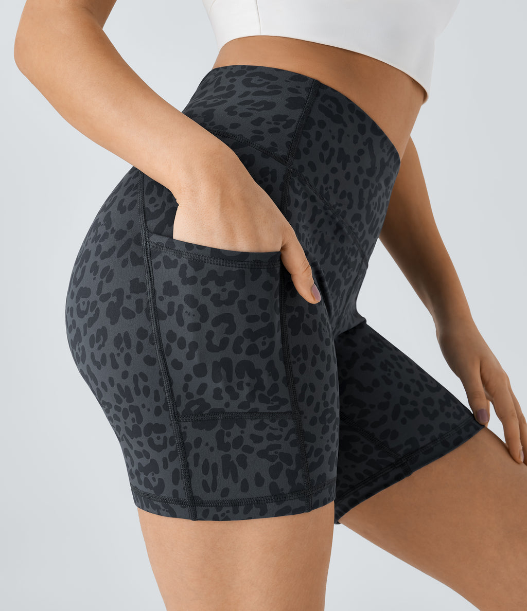 High Waisted Side Pocket Running Biker Shorts — Grey Blue — view 5
