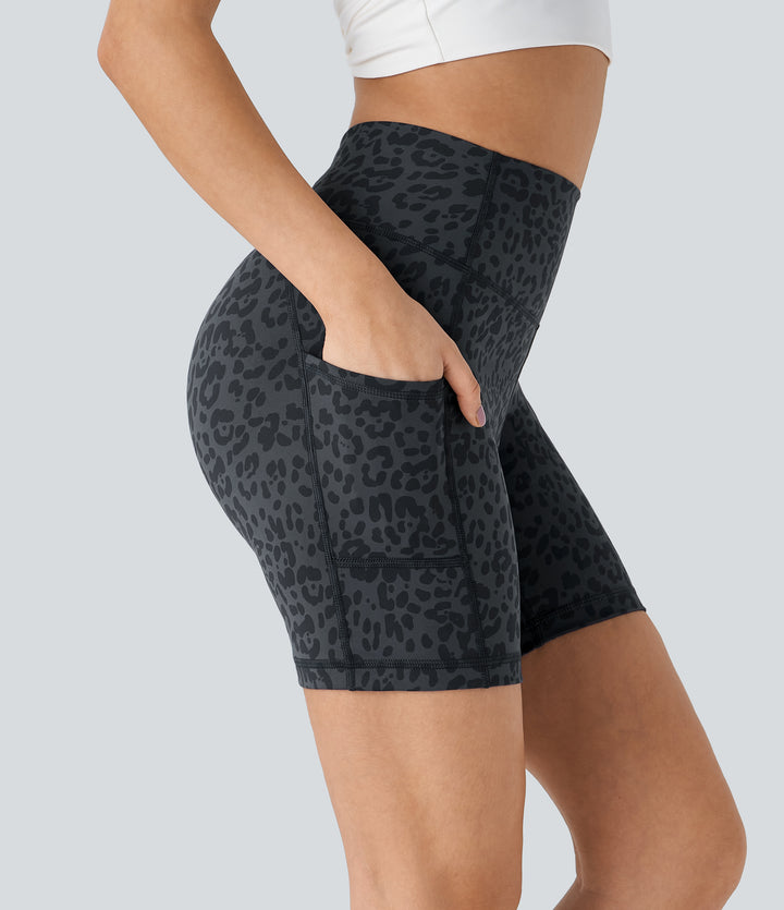 High Waisted Side Pocket Running Biker Shorts — Grey Blue — view 1