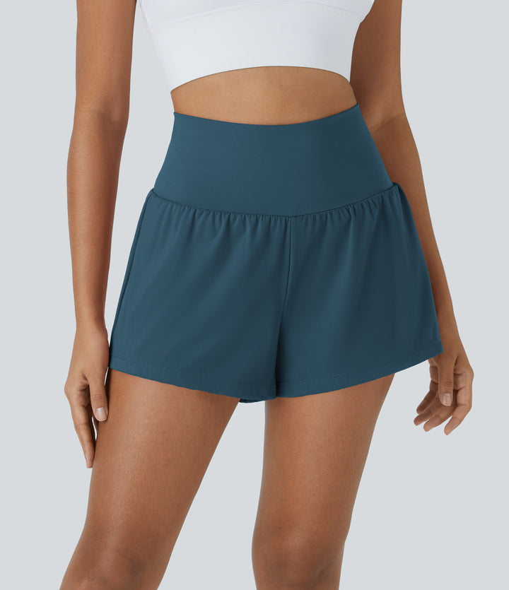 Airy Super High Waisted 2-in-1 InstantCool Yoga Shorts with Pockets — Majolica Blue — view 1
