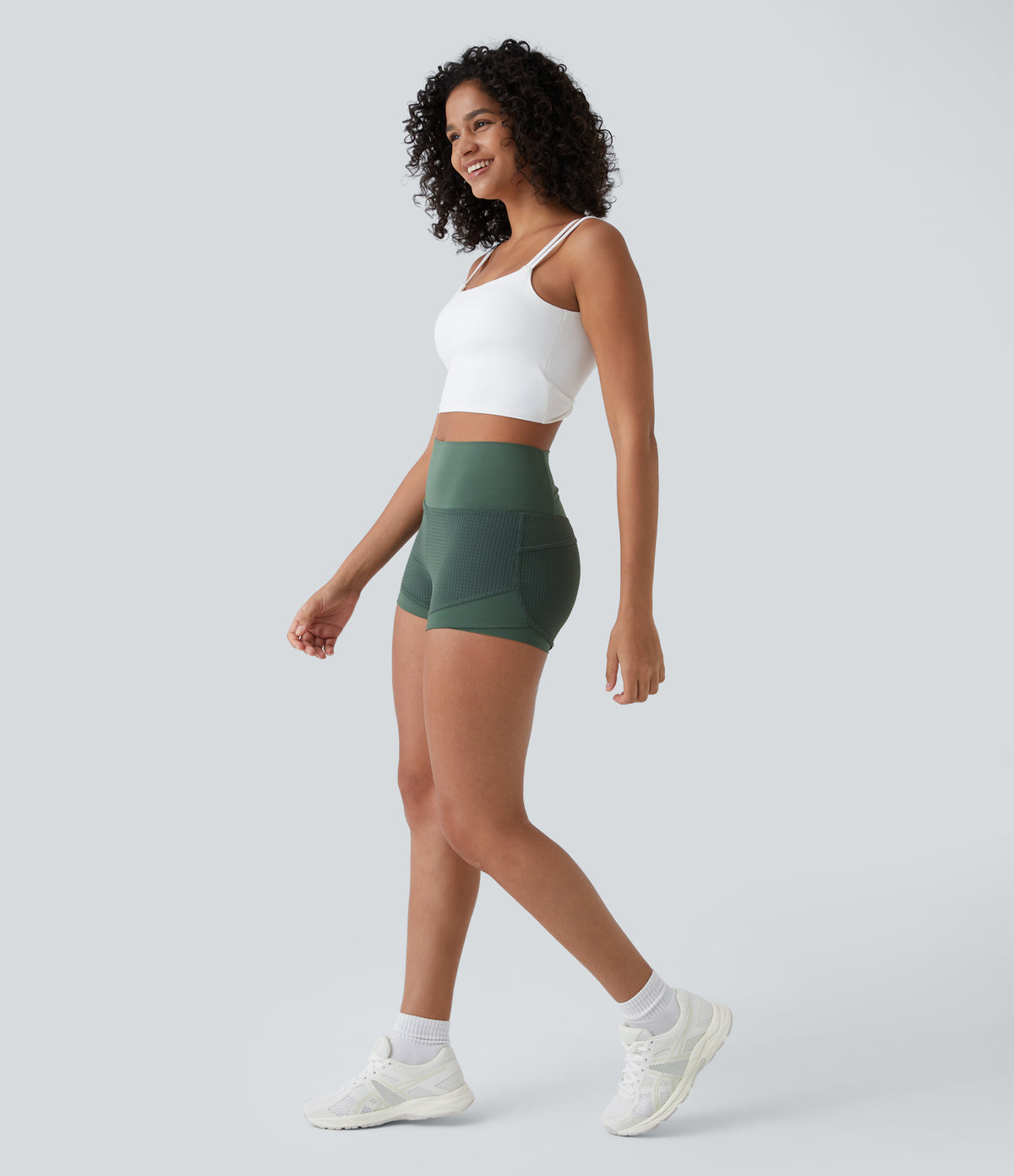 High Waisted Mesh Back Waistband Pocket 2-in-1 Casual Shorts 2" — Duck Green — view 7