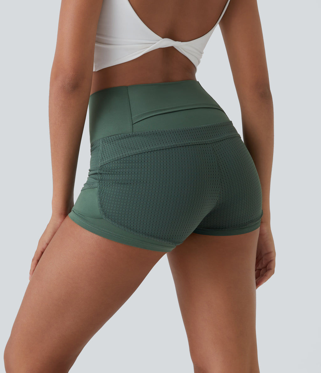 High Waisted Mesh Back Waistband Pocket 2-in-1 Casual Shorts 2" — Duck Green — view 2