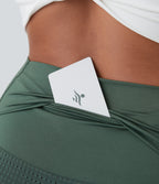 High Waisted Mesh Back Waistband Pocket 2-in-1 Casual Shorts 2" — Duck Green — view 4