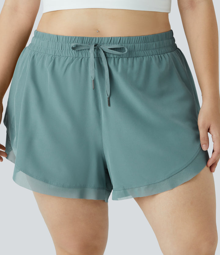 Drawstring Contrast Mesh 2-in-1 Plus Size Shorts 4" — Blue Spruce — view 1