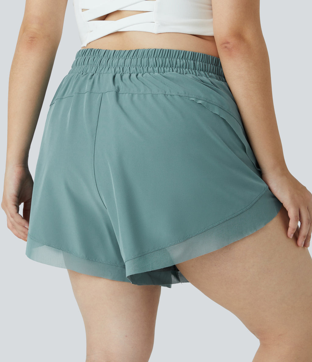 Drawstring Contrast Mesh 2-in-1 Plus Size Shorts 4" — Blue Spruce — view 2