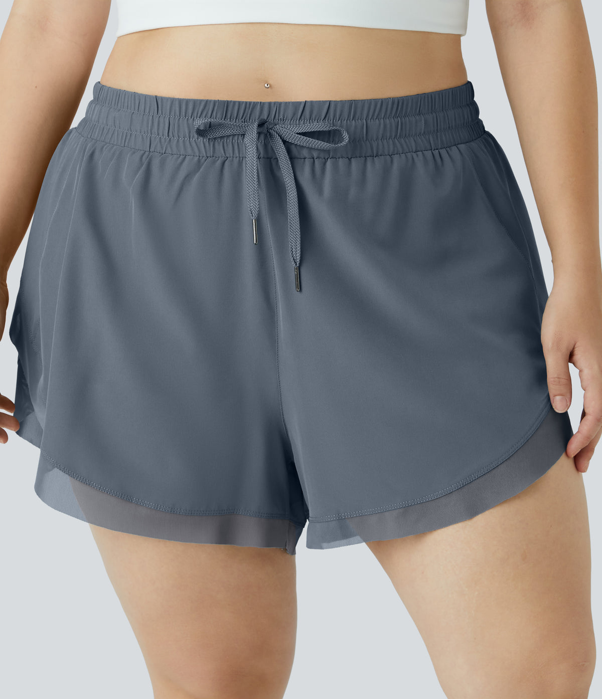 Drawstring Contrast Mesh 2-in-1 Plus Size Shorts 4" — Ombre Blue — view 7