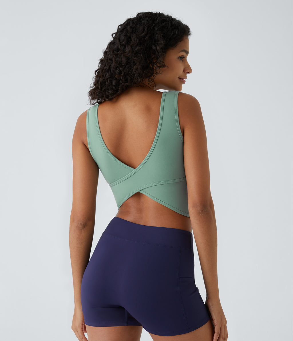 U Neck Crossover Barre Ballet Dance Tank Vest Top A-D Cups — Hedge Green — view 2