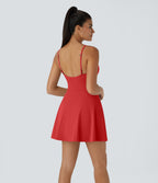 Plush Backless Adjustable Strap 2-in-1 Pocket Mini Slip Dance Active Tennis Dress — Poinsettia — view 2