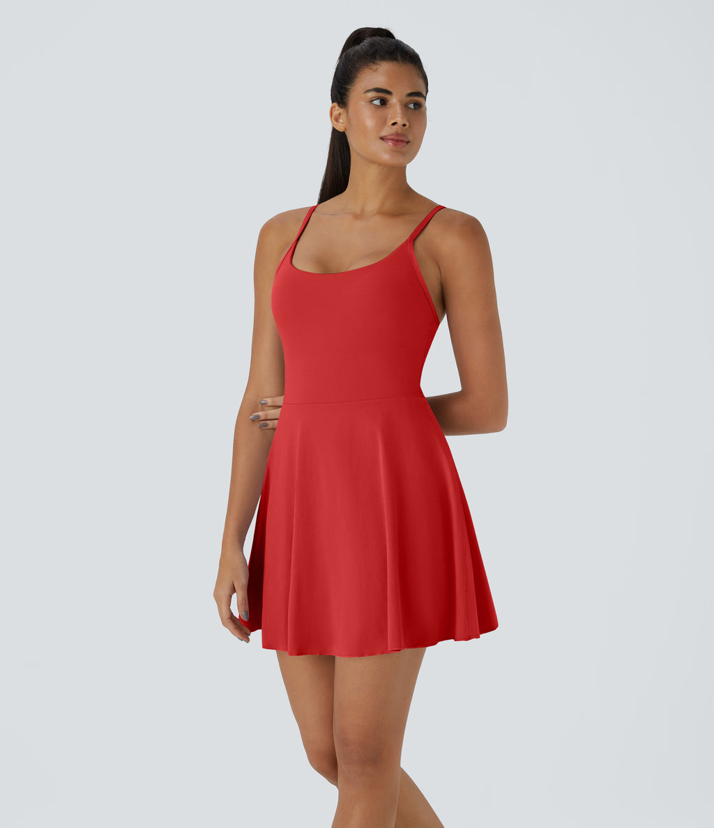 Plush Backless Adjustable Strap 2-in-1 Pocket Mini Slip Dance Active Tennis Dress — Poinsettia — view 3