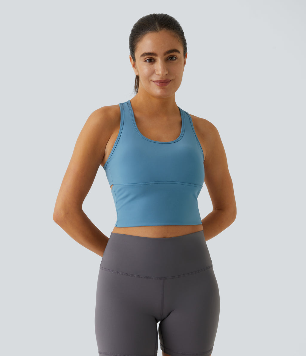 Plush U Neck Backless Racerback Cut Out Cropped Yoga Tank Vest Top — Blue Heaven — view 2