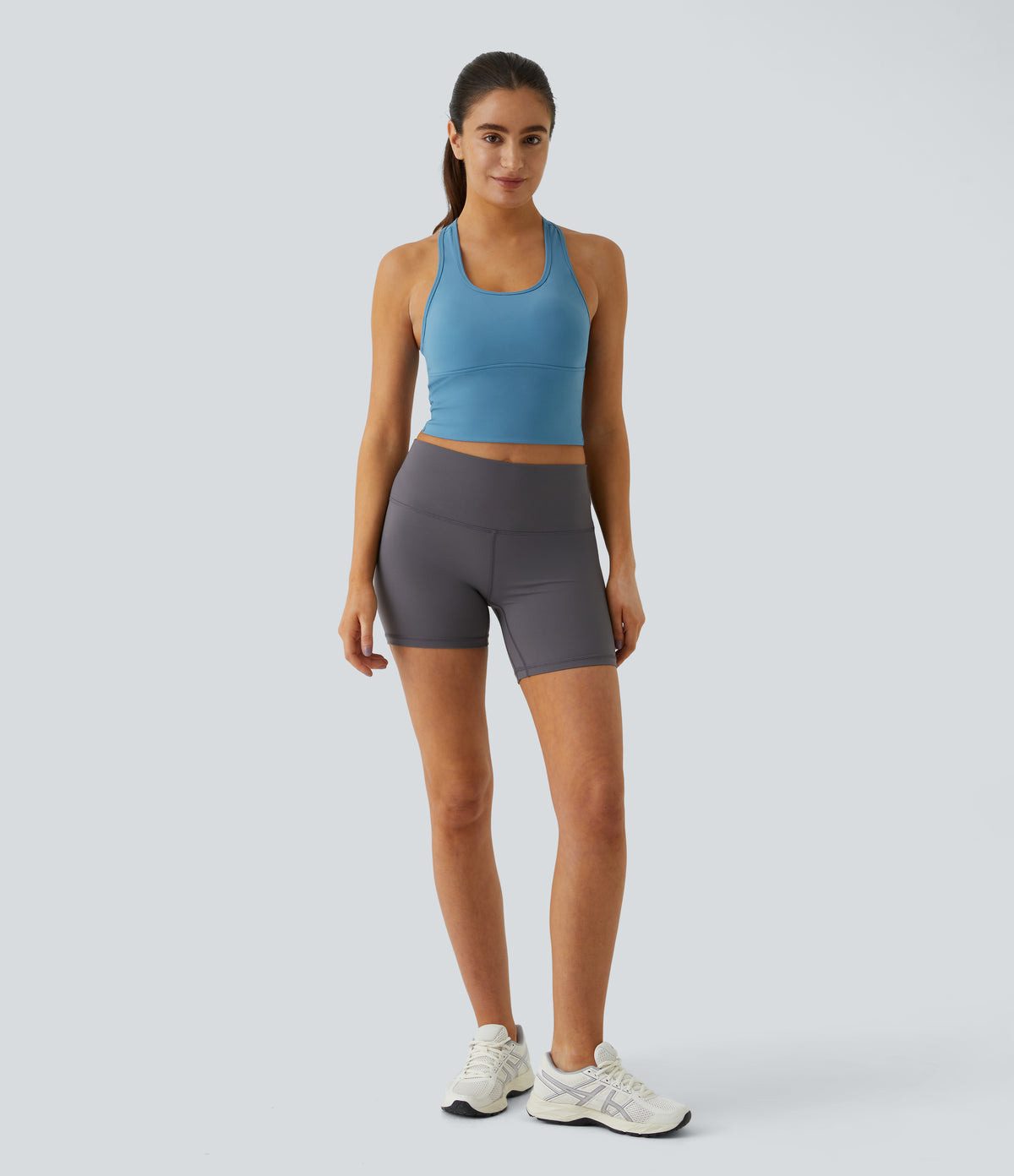 Plush U Neck Backless Racerback Cut Out Cropped Yoga Tank Vest Top — Blue Heaven — view 5