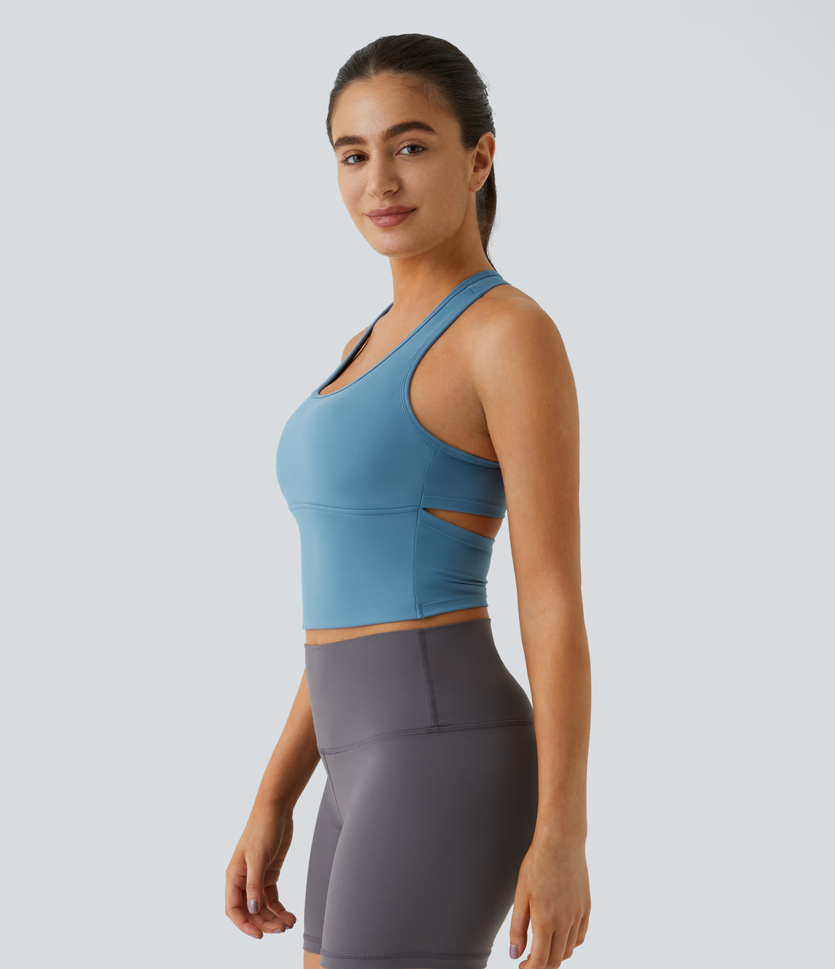 Plush U Neck Backless Racerback Cut Out Cropped Yoga Tank Vest Top — Blue Heaven — view 4