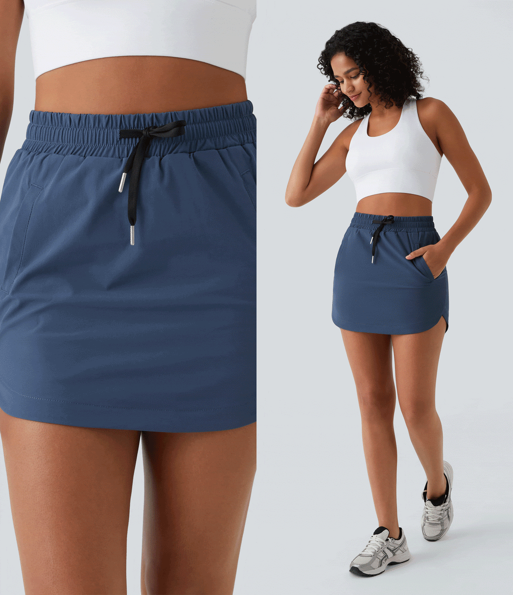 High Waisted Drawstring Pocket 2-in-1 Curved Hem Mini Golf Skirt — Oceana — view 2