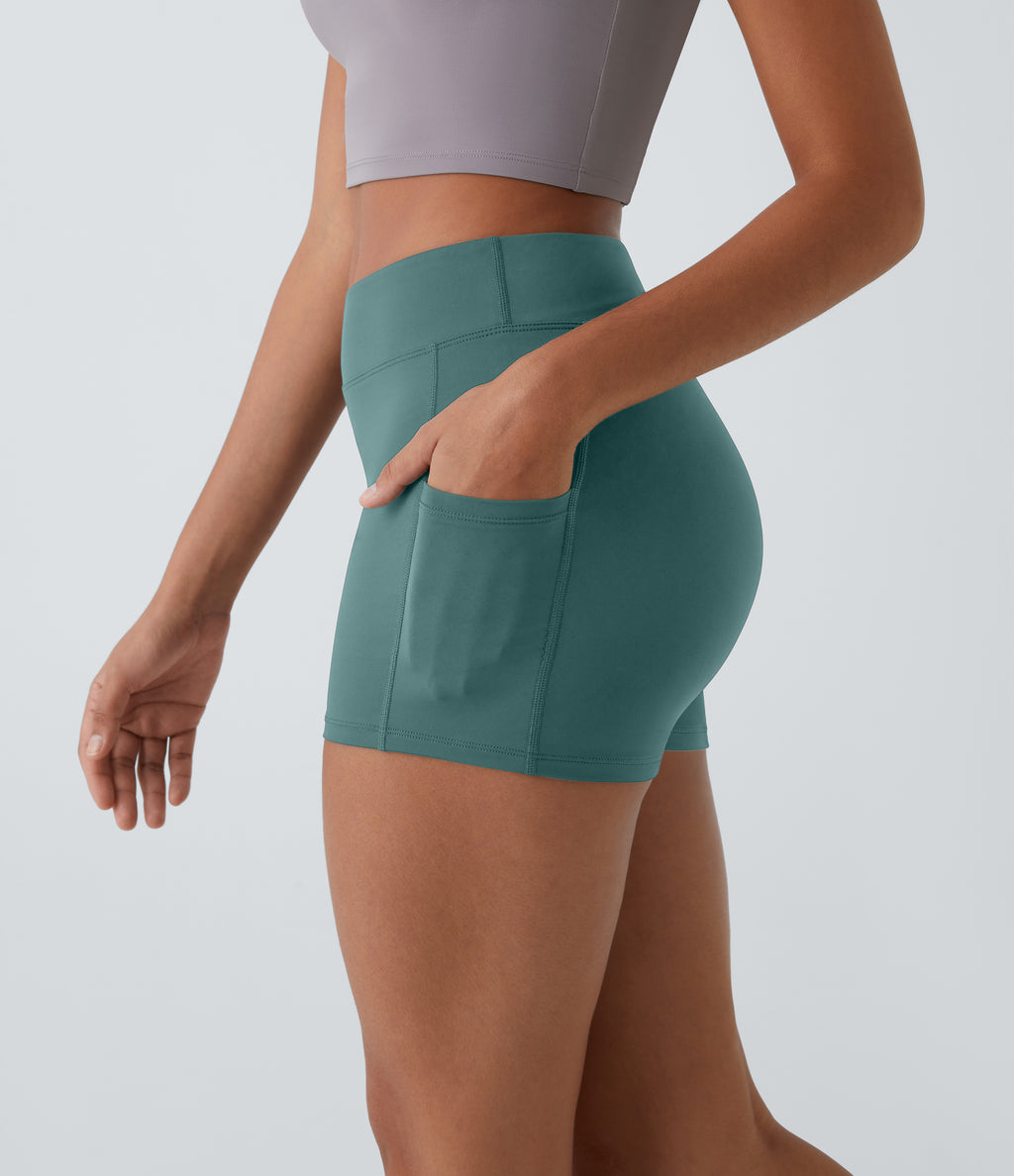 Airy High Waisted Pocket Plain InstantCool Yoga Shorts 3.5" — Rock Cyan Blue — view 3