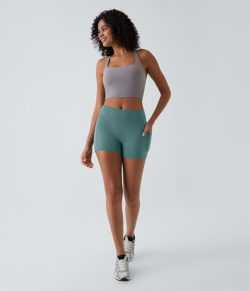 Airy High Waisted Pocket Plain InstantCool Yoga Shorts 3.5" — Rock Cyan Blue — view 1