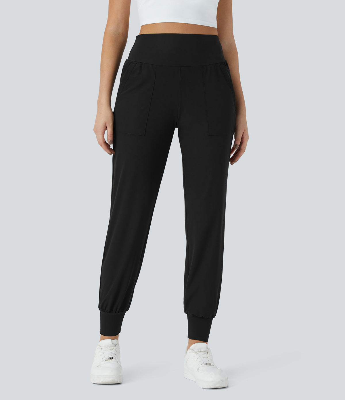 High Waisted Plain Side Pocket Casual Joggers — Black — view 3