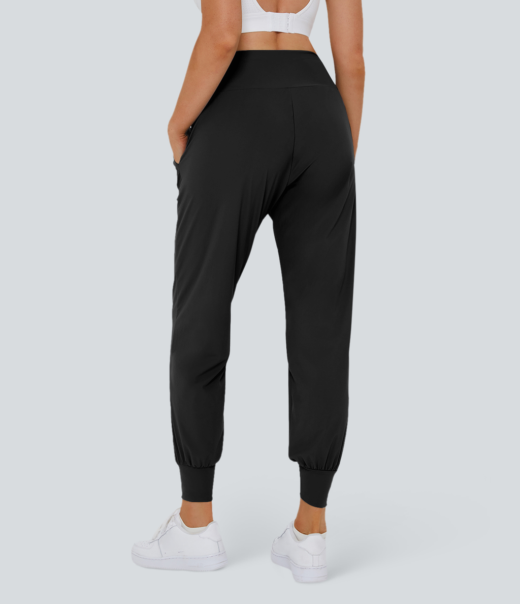 High Waisted Plain Side Pocket Casual Joggers — Black — view 1