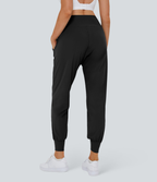 High Waisted Plain Side Pocket Casual Joggers — Black — view 1