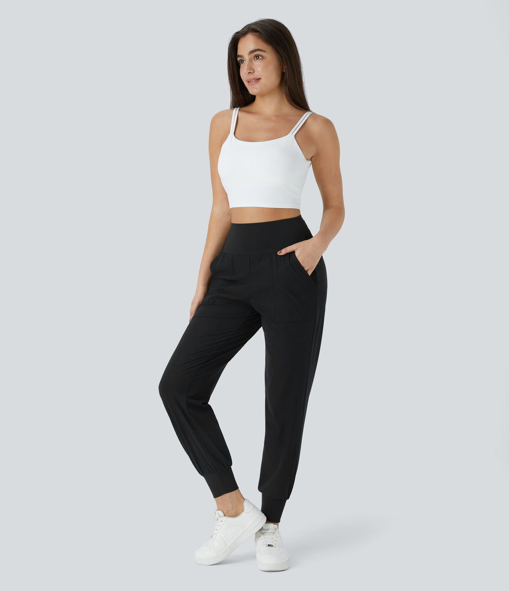 High Waisted Plain Side Pocket Casual Joggers — Black — view 5