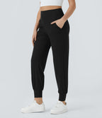 High Waisted Plain Side Pocket Casual Joggers — Black — view 2