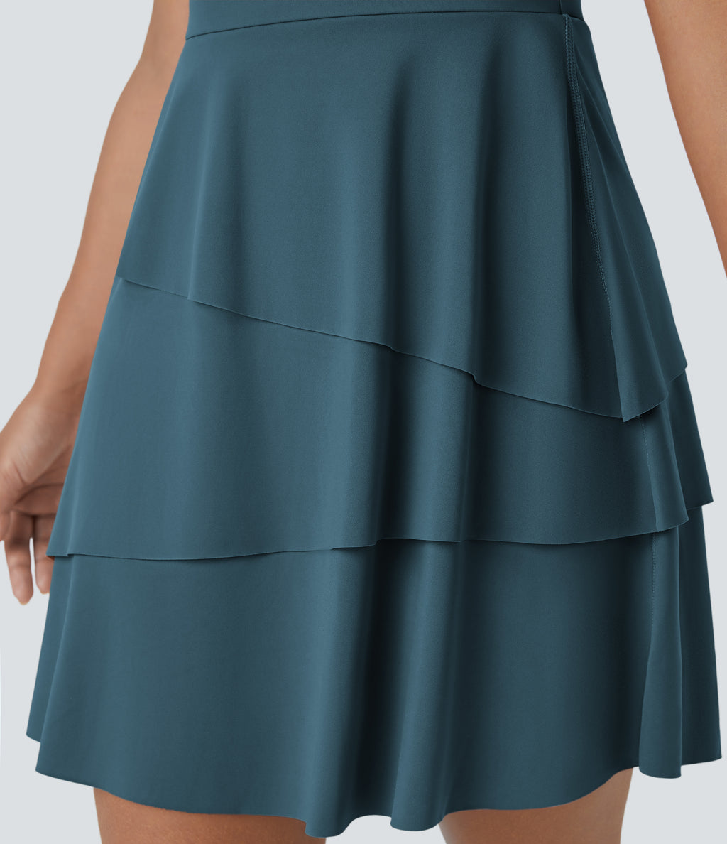 Airy Tiered Ruffle 2-in-1 Pocket InstantCool Mini Slip Dance Active Dress — Ink Green — view 6